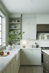 Kitchen cabinets with shelves and utensils in a traditional kitchen interior. 