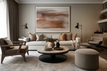Contemporary lounge area with neutral tones and framed artwork. Generative AI