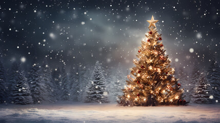Weihnachtsbaum mit Stern beleuchtet und dekoriert draußen im Wald mit Schnee - obrazy, fototapety, plakaty