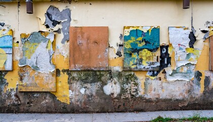 Grungy urban wall with peeling posters and mold