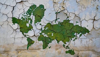 Old plaster wall with cracks and moisture stains in the shape of World Map