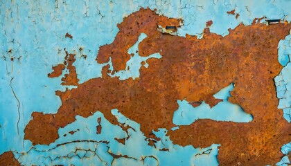 Metal sheet left to the elements, rusted over with a rich orange patina and peeling blue pai, in the shape of Europe