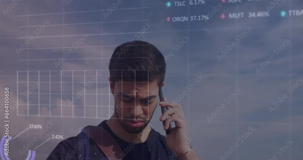 Aufkleber animation of financial data processing over biracial man using smartphone