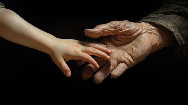 Close up hands of senior woman and little child. AI generated image