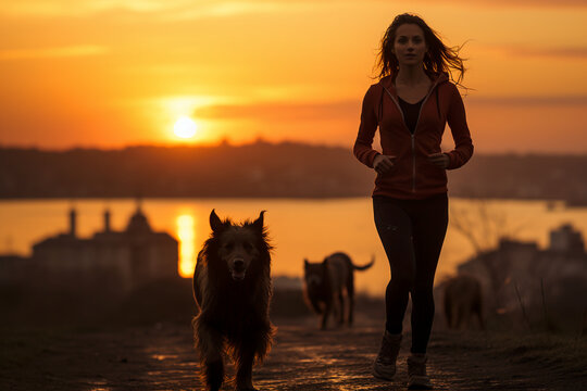 A woman running next to a dog on a sunset. AI generative
