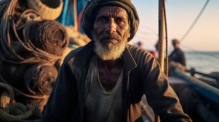 Mature Fisherman Looking at Camera on Sailboat