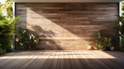 Concrete wall with wooden elements, shadows on the wall, tropical garden, sunlight. Generation AI