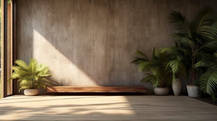 Concrete wall with wooden elements, shadows on the wall, tropical garden, sunlight. Generation AI