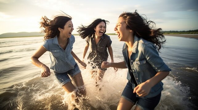 Young woman friends having fun and runs at sunset sea beach. AI generated image