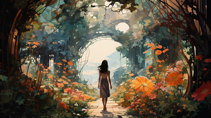 Woman in a garden, anamorphic style, biomorphic, surrounded by organic plant shapes, vibrant flowers, sunlit path
