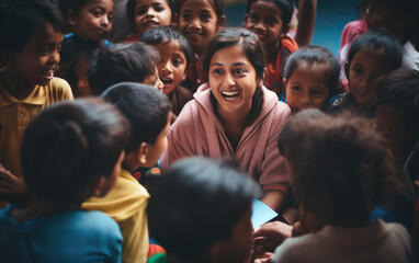 A volunteer teaching underprivileged children