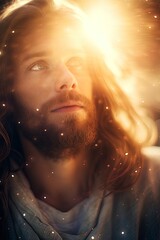 Portrait of a handsome Jesus Christ with lots of bokeh.