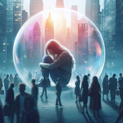 Girl with depression isolated in a bubble, in the city, emotions, States of Mind concept, generative ai - obrazy, fototapety, plakaty