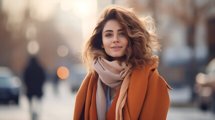 Portrait of a Beautiful Happy Woman in front of a Winter City Background in the Winter, Shopping Street