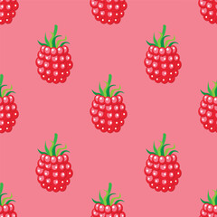 Red raspberry seamless pattern on colorful background. Vector illustration.