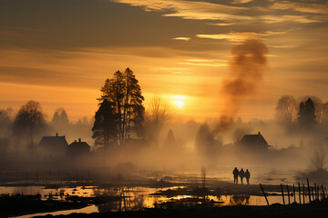 Fototapeta premium An eerie mist over a field, in the style of light orange and light gold, lens flares, sun - soaked colours, creative commons attribution, landscape, celebration of rural life. AI generative