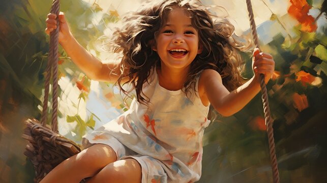 Portrait girl playing swing at outdoor with nature background. AI generated image