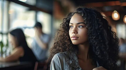woman has curly, brown hair that is styled in a way that frames her face. looking at something or someone with interest. enjoying her time at the restaurant - obrazy, fototapety, plakaty