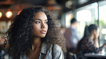 sad woman, woman has curly, brown hair that is styled in a way that frames her face. looking at something or someone with interest. enjoying her time at the restaurant