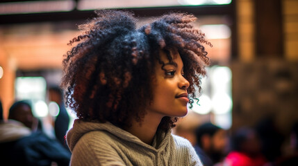 Obraz premium A woman with curly hair and a big smile, sitting in a crowded room.