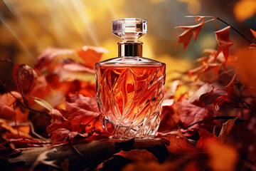 Abstract bottle of perfume in autumn leaves, fantasy, Generative AI