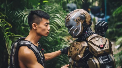 Foto op Aluminium A young Asian man and his best friend, a humanoid android robot with artificial intelligence, in the countryside or jungle, military or militia or resistance fighter © wetzkaz