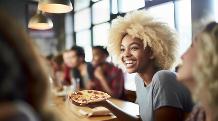 a woman with curly hair, who is sitting at a dining table in a restaurant. She is holding a tiny small S or XS sized pizza, funny,holding pizza in her hand, smiling and enjoying  - obrazy, fototapety, plakaty
