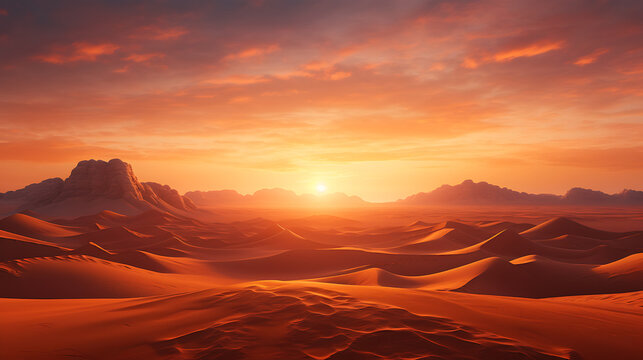 a desert sunset, with a vast expanse of sand dunes stretching to the horizon, and the setting sun casting a warm, golden glow over the arid landscape, evoking the tranquility of desert evenings © Alin