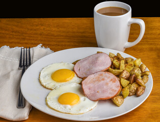 two fried eggs   served with canadian bacon,