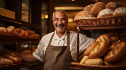 Smiling Male Baker Freshly Baked Bread in a Small Business Store