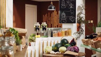 Bulk products supermarket with pesticides free fruits, vegetables, grains, spices and pasta on...