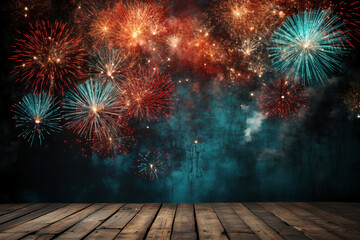 Fire work, blue and red color background, copy space, empty space. AI generative
