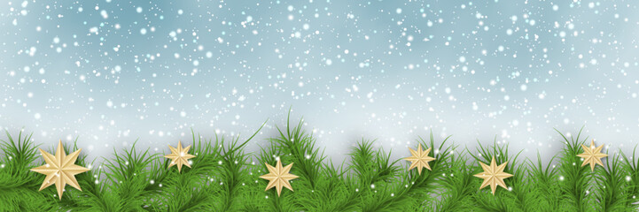 Christmas and New Year winter style vector background with stars, snowflakes and winter decor. Design template for banner, horizontal flyer, invitation card, poster, coupon, voucher