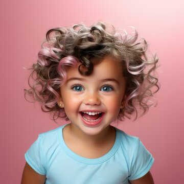 Portrait of happy little girl with curly hair and cheeerful smile isolated on pnk background