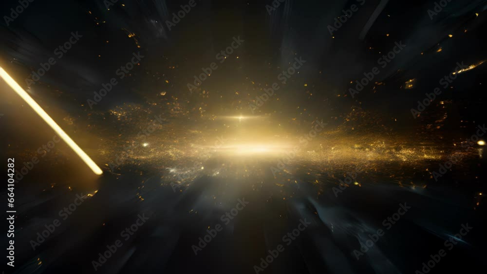 Poster emerging from a central point, an explosion of tiny particles cascades in all directions, creating a