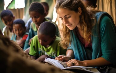 A volunteer teaching underprivileged children