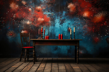 Fire work, blue and red color background, copy space, empty space. AI generative