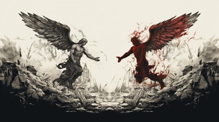two angels are in flight and in battle with one another. Fantasy concept , Illustration painting. - obrazy, fototapety, plakaty