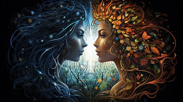 two girls with deep brown hair and blue hair facing each other. Fantasy concept , Illustration painting.