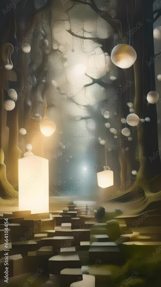 Poster an ethereal cascade of floating mirrors, reflecting fragmented images and worlds within worlds, symb