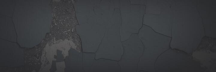Dark wide panoramic background. Peeling paint on a concrete wall. Faded dark texture of old cracked...