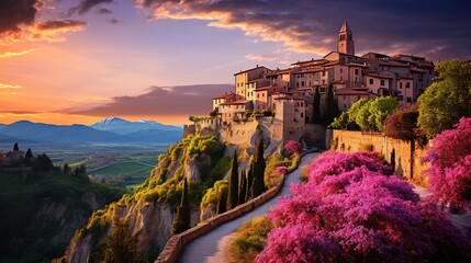 European Village landscape, from the coastal charm to scenic vineyards and historic villages, culminating in a serene sunset. Celebrate the timeless essence of European countryside.