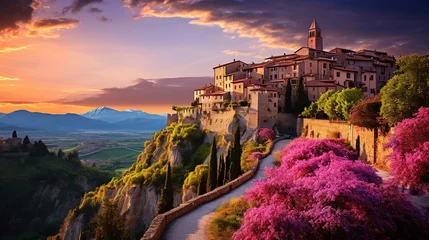 Foto op Plexiglas European Village landscape, from the coastal charm to scenic vineyards and historic villages, culminating in a serene sunset. Celebrate the timeless essence of European countryside. © AlexRillos