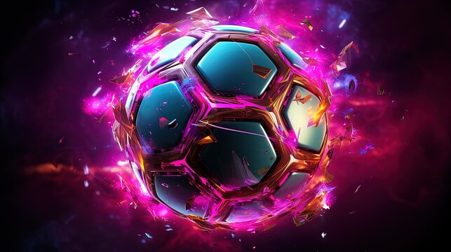 the image of a soccer ball with purple flames, in a dark sky. Fantasy concept , Illustration painting.