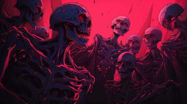 skeletons horde on a background with red light. Fantasy concept , Illustration painting.