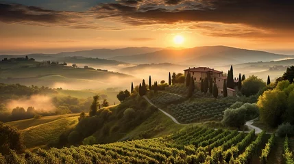 Fotobehang European Village landscape, from the coastal charm to scenic vineyards and historic villages, culminating in a serene sunset. Celebrate the timeless essence of European countryside © AlexRillos