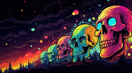 Obraz premium colorful skulls are forming a row on a dark night forest background. Fantasy concept , Illustration painting.