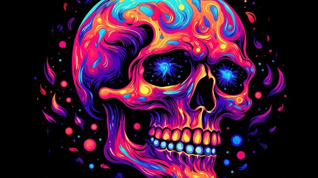 Colorful neon skull with glowing eyes on a black background. Fantasy concept , Illustration painting.