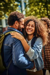 Obraz premium Teenager leaving to a college is hugging parents for goodbye