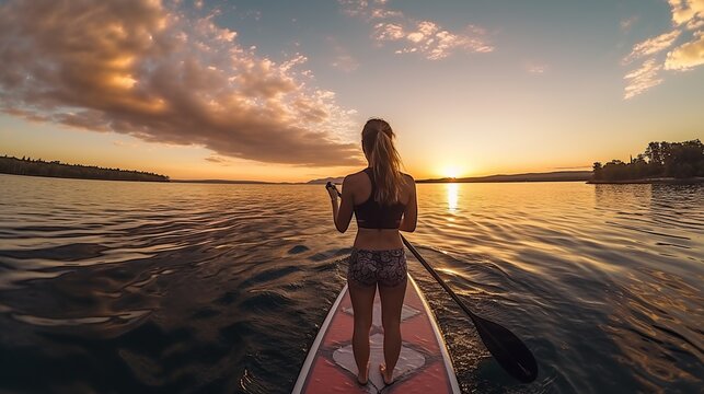 Young woman doing paddling on a SUP board in the sea at sunset. AI generated image